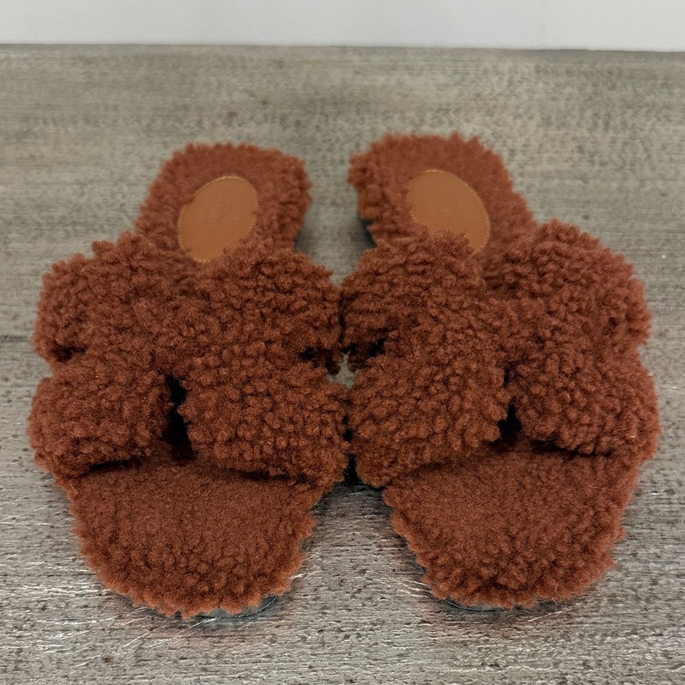 Hermes Teddy Shearling Oran Sandals Size 36 Brown